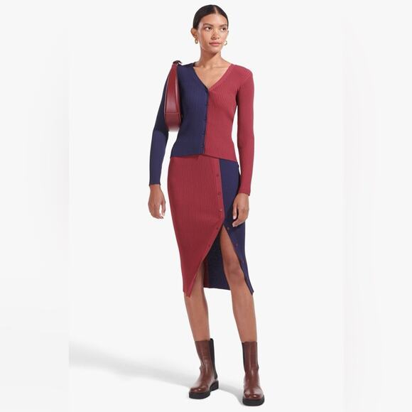 Staud Women’s Elms Color Block Two Tone Navy Bordeaux Knit Button Midi Skirt S - Picture 11 of 11